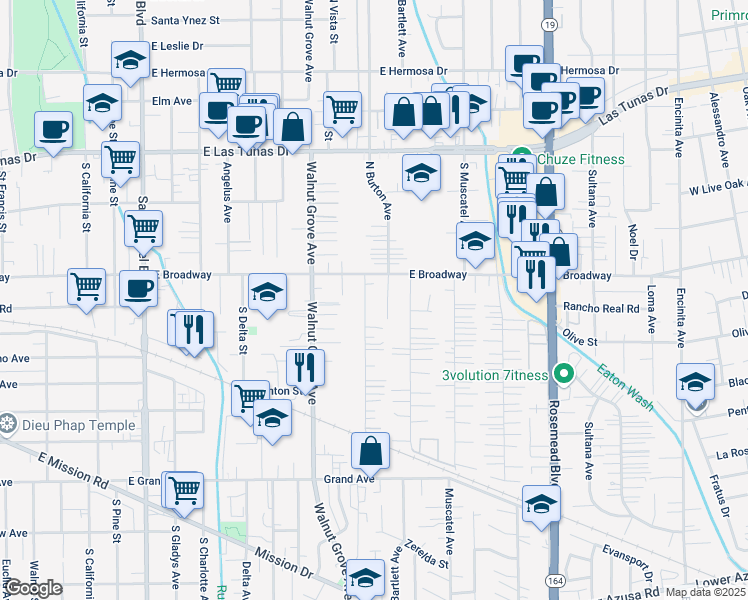 map of restaurants, bars, coffee shops, grocery stores, and more near 5426 North Burton Avenue in San Gabriel