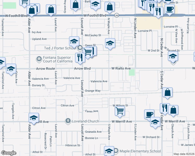 map of restaurants, bars, coffee shops, grocery stores, and more near 8584 Dumond Drive in Fontana