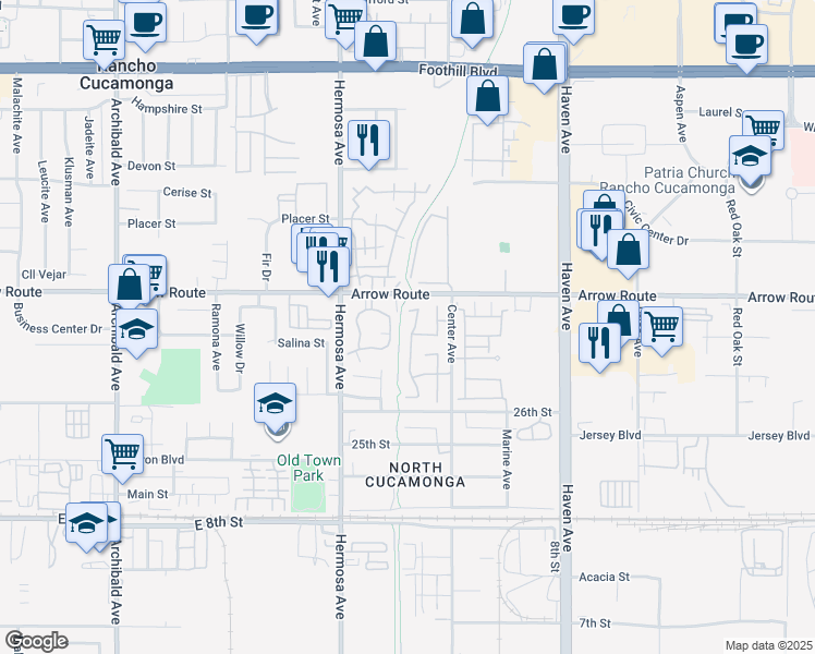 map of restaurants, bars, coffee shops, grocery stores, and more near 8570 Creekside Place in Rancho Cucamonga