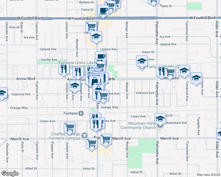 map of restaurants, bars, coffee shops, grocery stores, and more near 8560 Newport Avenue in Fontana