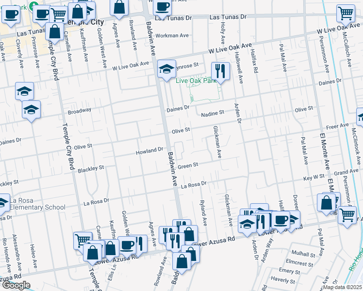 map of restaurants, bars, coffee shops, grocery stores, and more near 5336 Village Circle Drive in Temple City