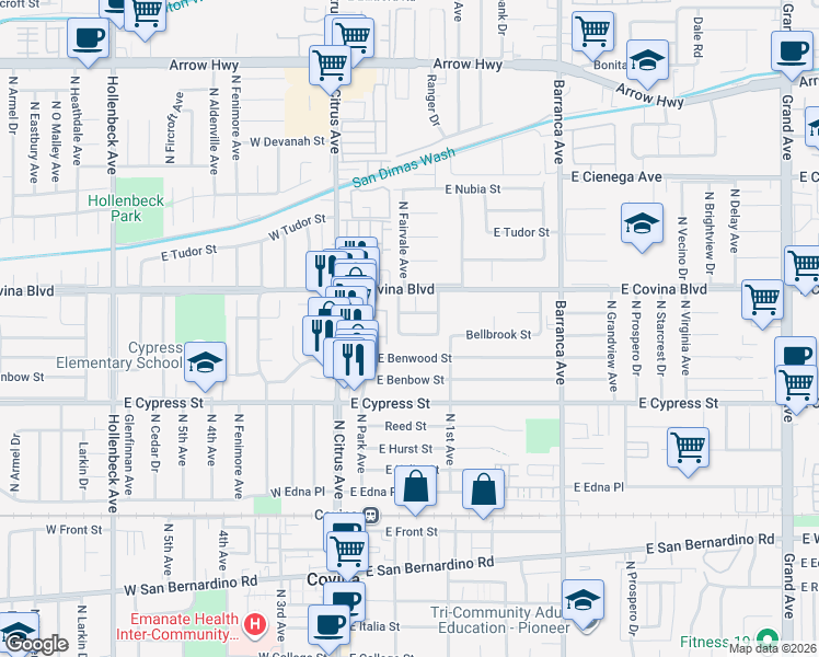 map of restaurants, bars, coffee shops, grocery stores, and more near 225 Bellbrook Street in Covina