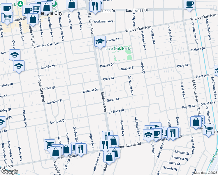 map of restaurants, bars, coffee shops, grocery stores, and more near 5340 Village Circle Drive in Temple City