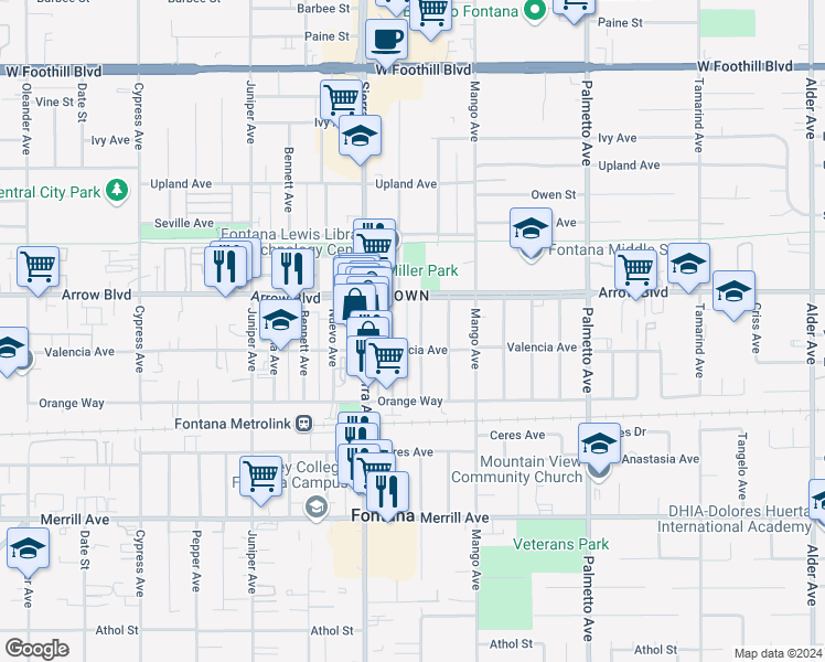 map of restaurants, bars, coffee shops, grocery stores, and more near 8560 Newport Avenue in Fontana