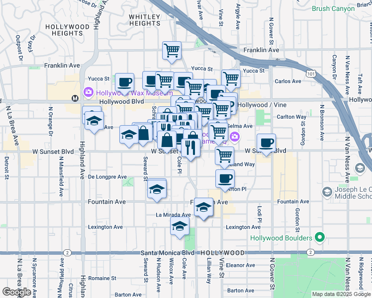 map of restaurants, bars, coffee shops, grocery stores, and more near in Los Angeles
