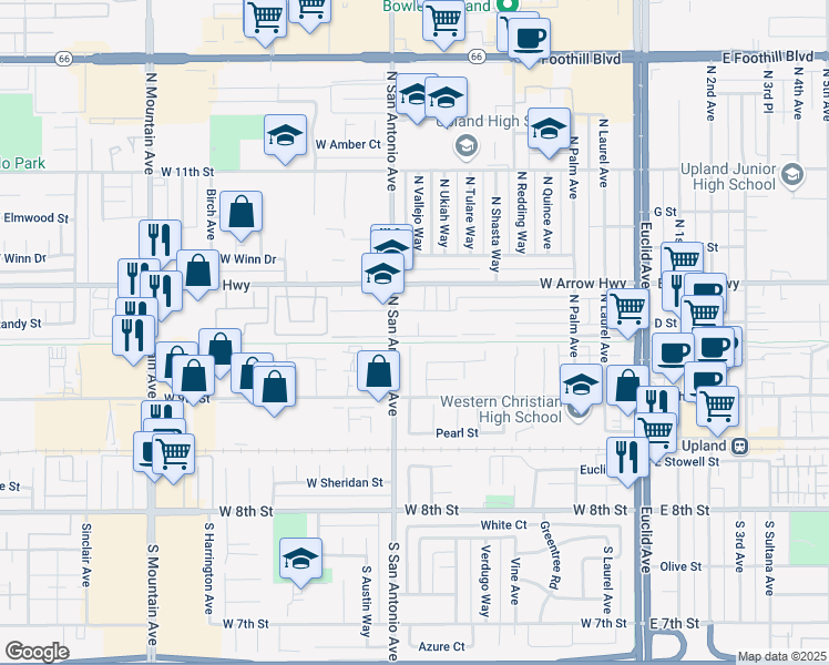 map of restaurants, bars, coffee shops, grocery stores, and more near 737 West Vernon Drive in Upland