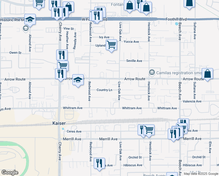 map of restaurants, bars, coffee shops, grocery stores, and more near 14830 Country Lane in Fontana