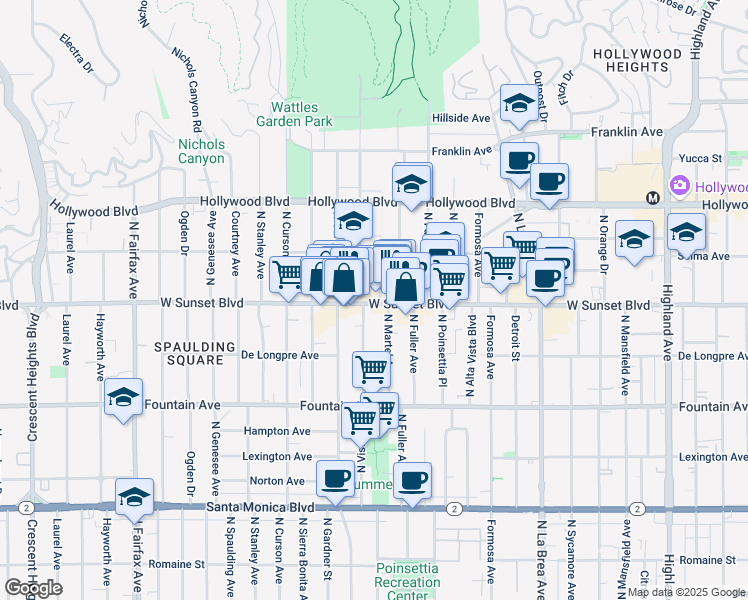 map of restaurants, bars, coffee shops, grocery stores, and more near 7405 Sunset Boulevard in Los Angeles