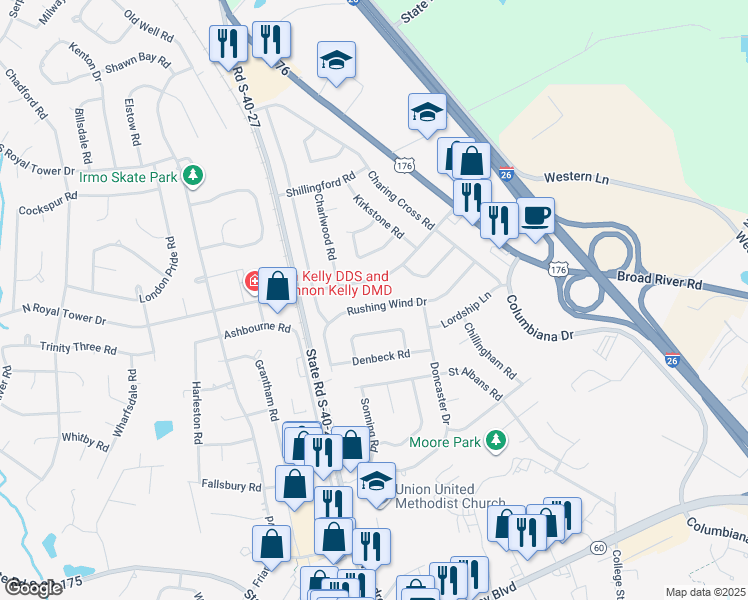 map of restaurants, bars, coffee shops, grocery stores, and more near 236 Rushing Wind Drive in Irmo