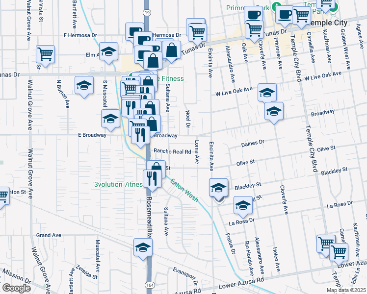 map of restaurants, bars, coffee shops, grocery stores, and more near 9103 Rancho Real Road in Temple City