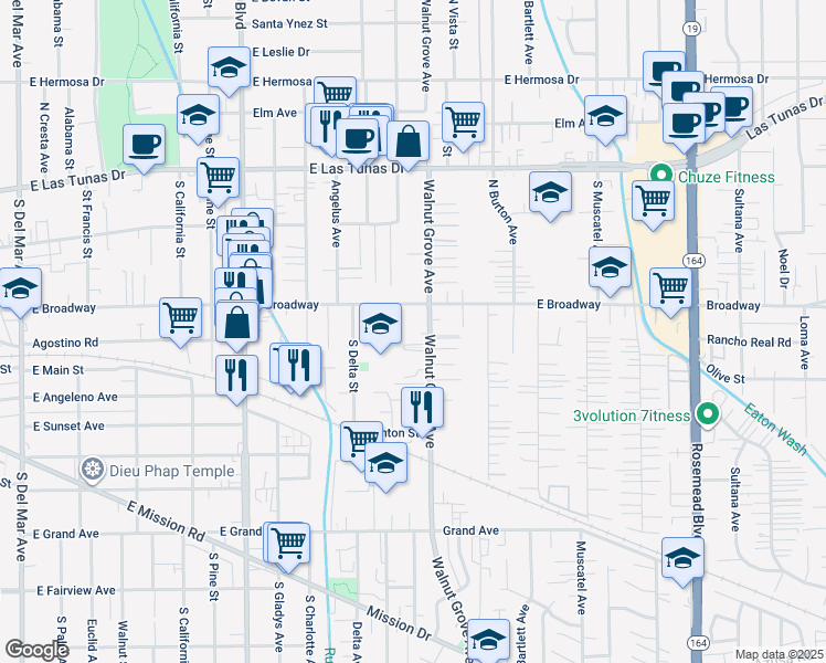 map of restaurants, bars, coffee shops, grocery stores, and more near 343 Walnut Grove Avenue in San Gabriel