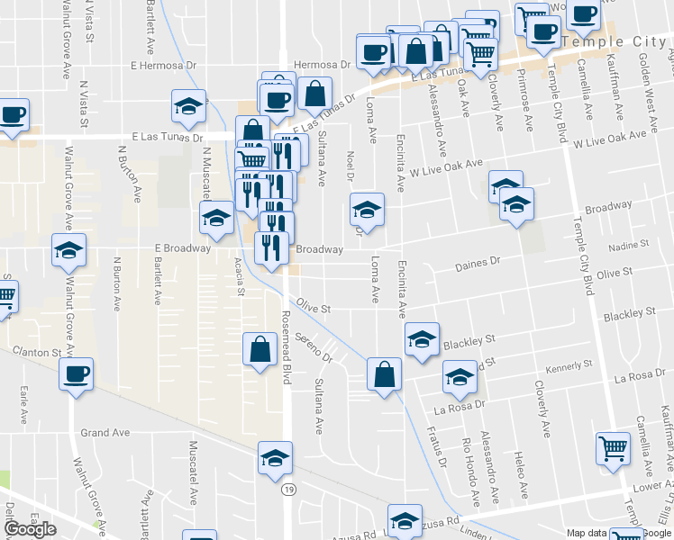 map of restaurants, bars, coffee shops, grocery stores, and more near 9069 Rancho Real Road in Temple City