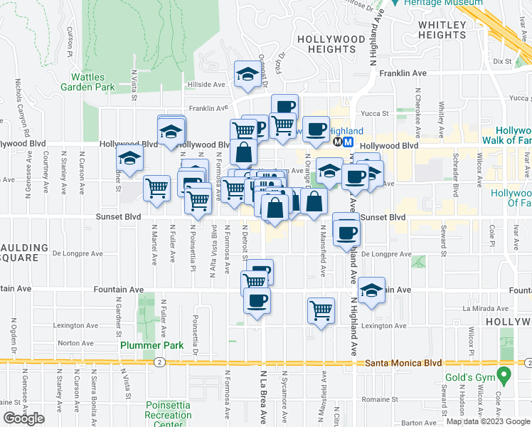 map of restaurants, bars, coffee shops, grocery stores, and more near 707 Sunset Boulevard in Los Angeles