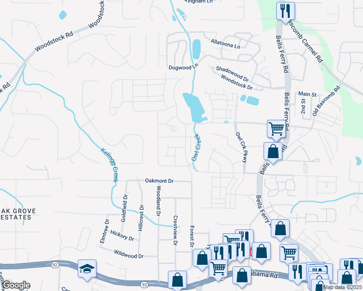 map of restaurants, bars, coffee shops, grocery stores, and more near 604 Blue Sky Boulevard in Acworth