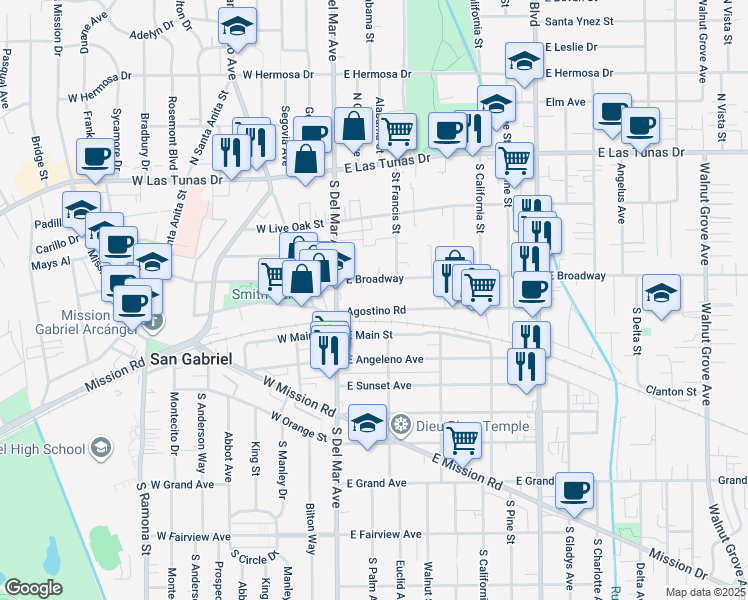 map of restaurants, bars, coffee shops, grocery stores, and more near 201 Agostino Road in San Gabriel