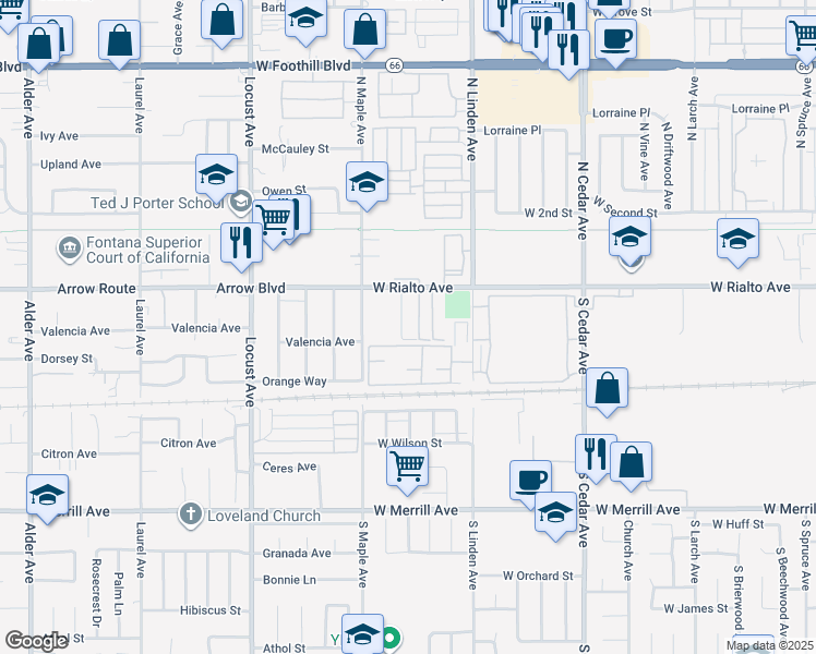 map of restaurants, bars, coffee shops, grocery stores, and more near 1621 Arrow Boulevard in Rialto