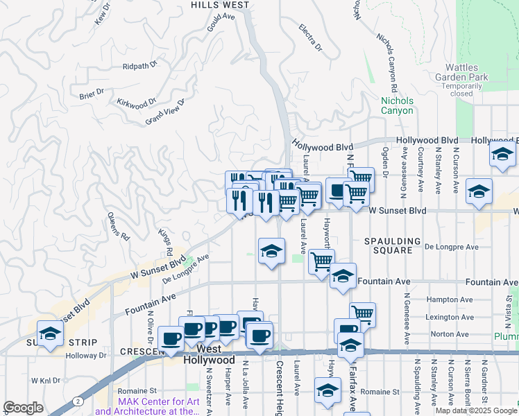 map of restaurants, bars, coffee shops, grocery stores, and more near 8161 Sunset Boulevard in Los Angeles