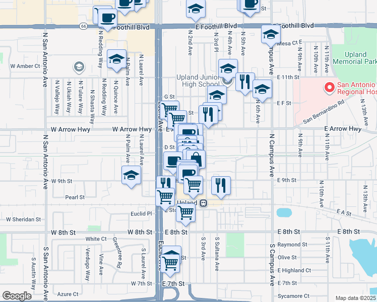 map of restaurants, bars, coffee shops, grocery stores, and more near in Upland