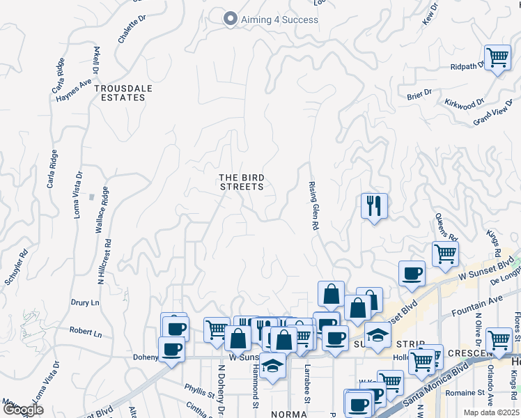 map of restaurants, bars, coffee shops, grocery stores, and more near 1457 Blue Jay Way in Los Angeles