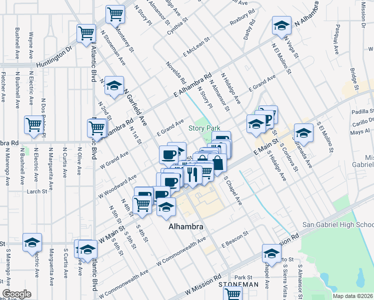 map of restaurants, bars, coffee shops, grocery stores, and more near 212 North Stoneman Avenue in Alhambra