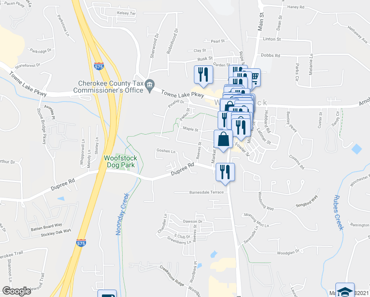 map of restaurants, bars, coffee shops, grocery stores, and more near 134 Woodberry Court in Woodstock