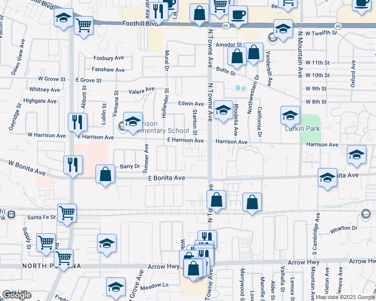 map of restaurants, bars, coffee shops, grocery stores, and more near 700 East Harrison Avenue in Pomona