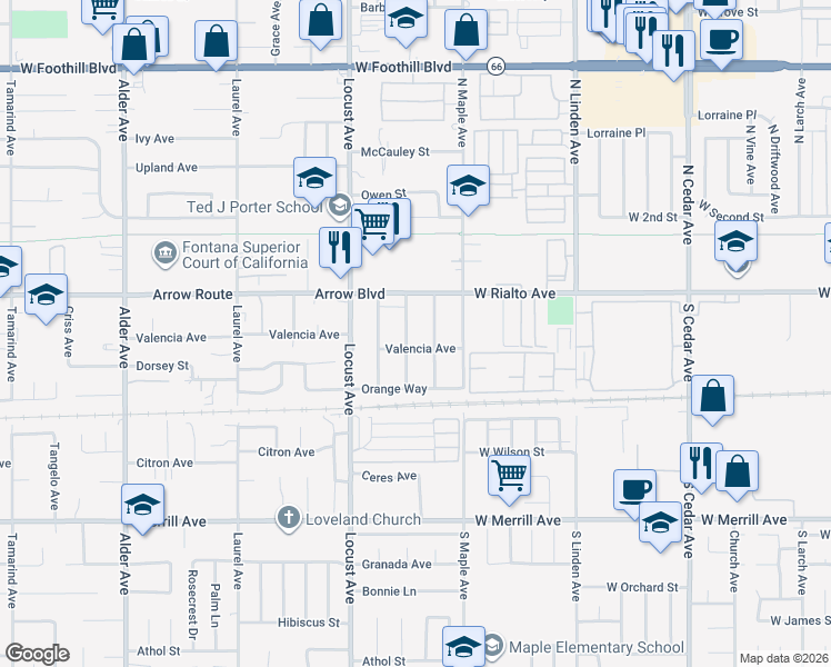 map of restaurants, bars, coffee shops, grocery stores, and more near 8584 Dumond Drive in Fontana