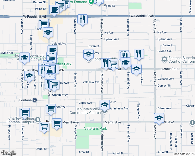 map of restaurants, bars, coffee shops, grocery stores, and more near 8570 Palmetto Avenue in Fontana