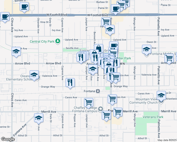 map of restaurants, bars, coffee shops, grocery stores, and more near 8557 Juniper Avenue in Fontana