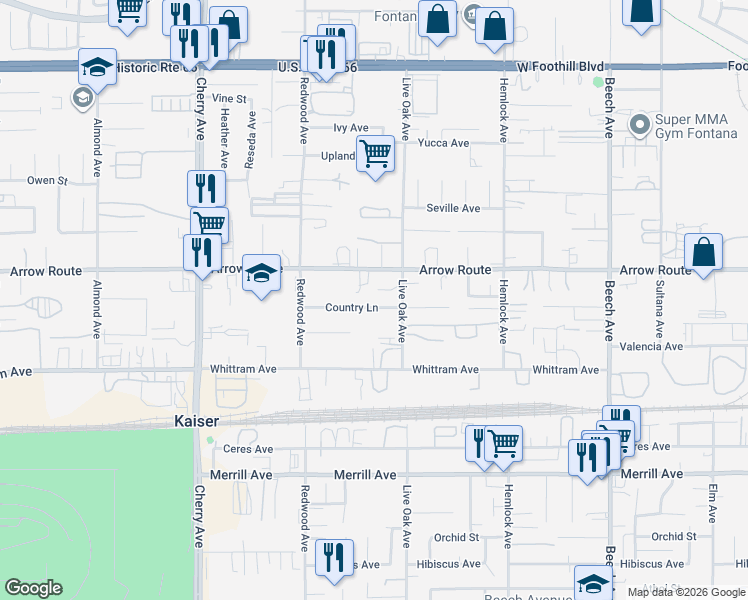 map of restaurants, bars, coffee shops, grocery stores, and more near 14830 Country Lane in Fontana