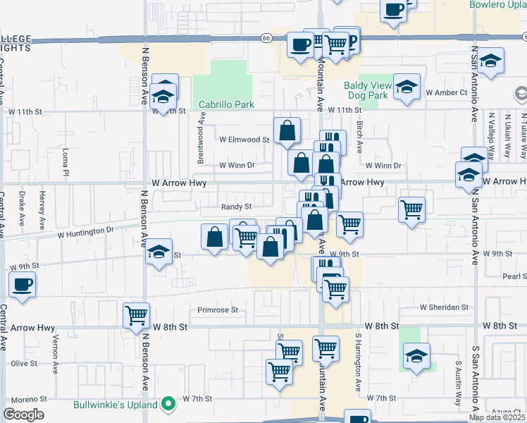 map of restaurants, bars, coffee shops, grocery stores, and more near 1322 Randy Street in Upland