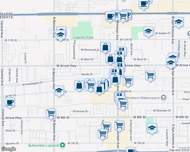 map of restaurants, bars, coffee shops, grocery stores, and more near 1322 Randy Street in Upland