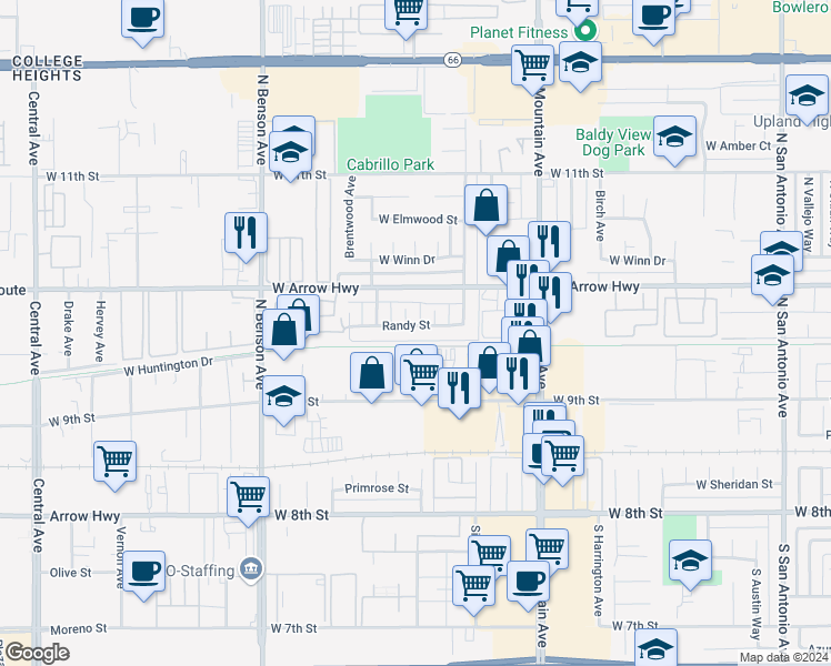map of restaurants, bars, coffee shops, grocery stores, and more near 1382 Randy Street in Upland