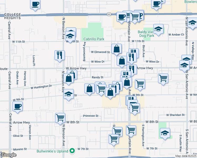 map of restaurants, bars, coffee shops, grocery stores, and more near 1382 Randy Street in Upland