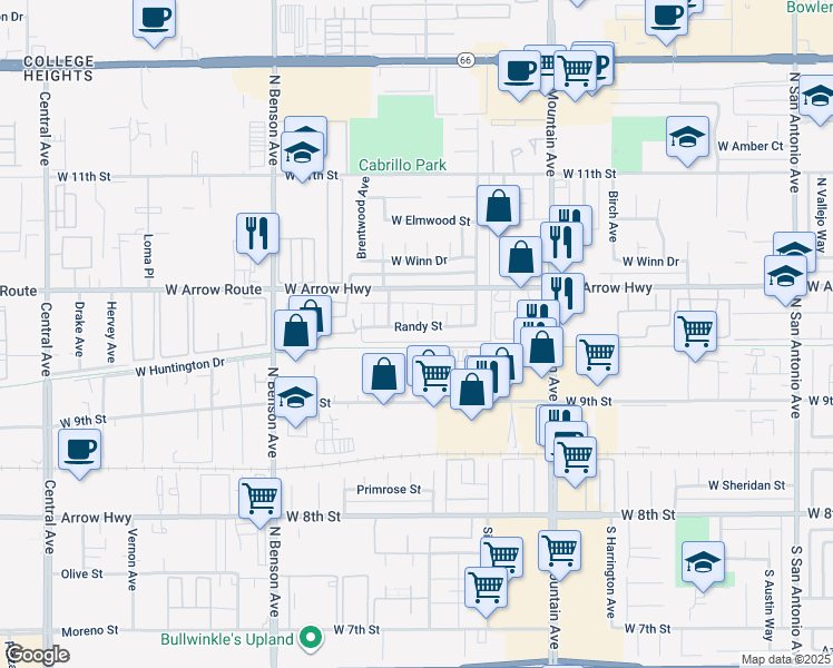 map of restaurants, bars, coffee shops, grocery stores, and more near 1382 Randy Street in Upland