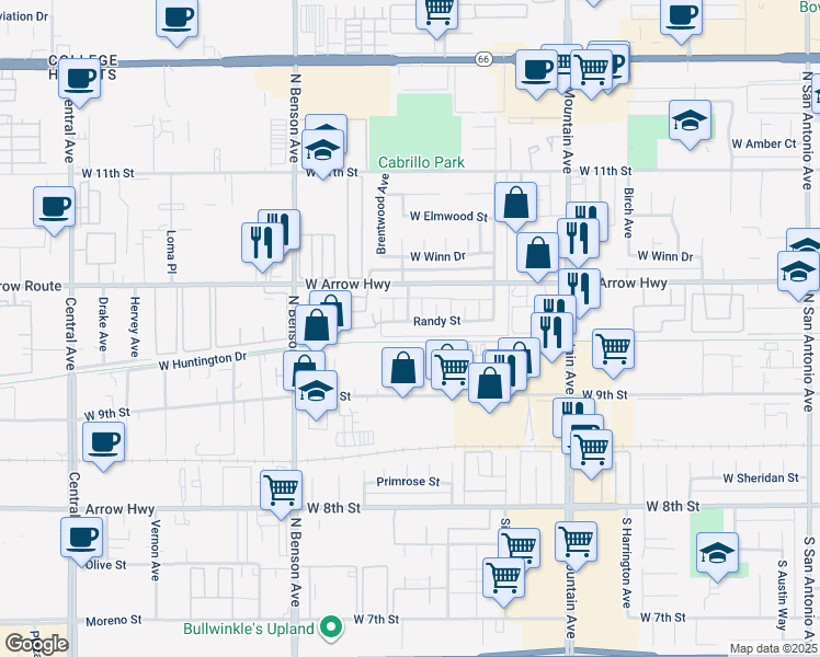 map of restaurants, bars, coffee shops, grocery stores, and more near 1440 Randy Street in Upland