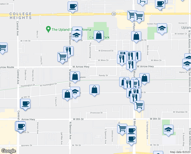 map of restaurants, bars, coffee shops, grocery stores, and more near 1440 Randy Street in Upland