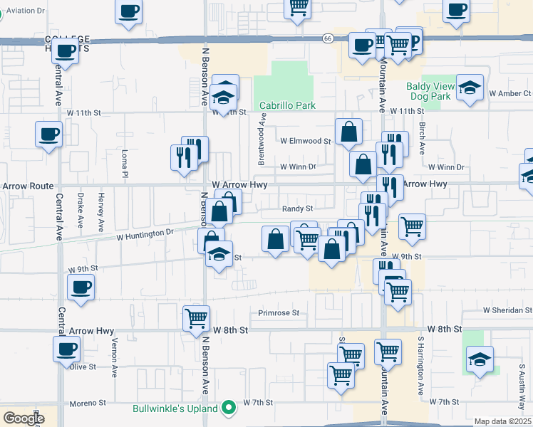 map of restaurants, bars, coffee shops, grocery stores, and more near 1440 Randy Street in Upland