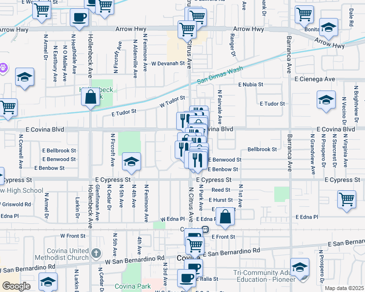 map of restaurants, bars, coffee shops, grocery stores, and more near 1028 Chandler Drive in Covina