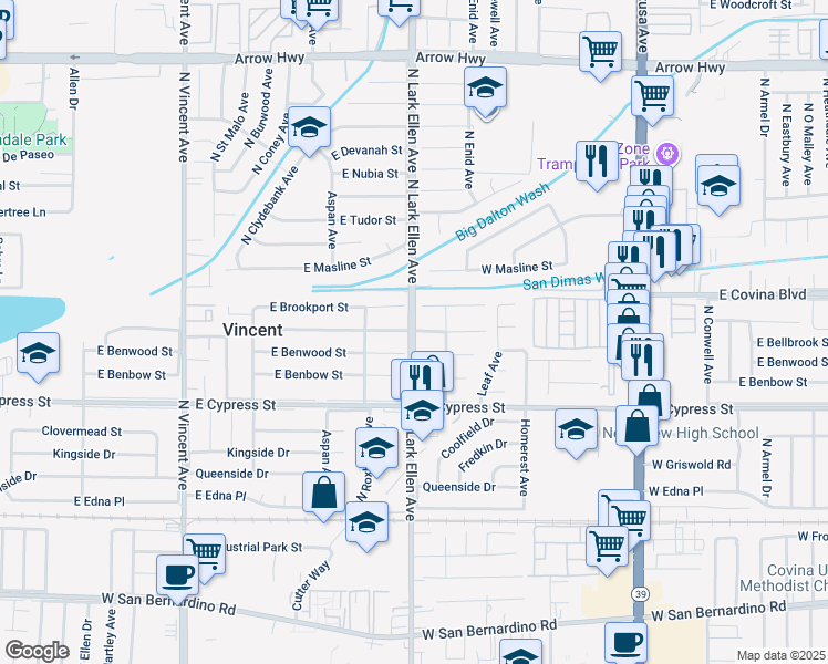map of restaurants, bars, coffee shops, grocery stores, and more near 17002 East Bellbrook Street in Covina