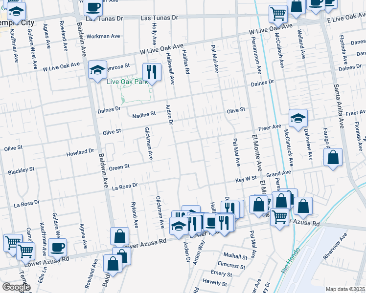 map of restaurants, bars, coffee shops, grocery stores, and more near 5237 Hallowell Avenue in Temple City