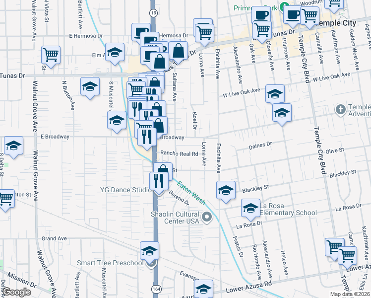 map of restaurants, bars, coffee shops, grocery stores, and more near 9069 Rancho Real Road in Temple City