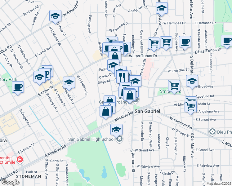map of restaurants, bars, coffee shops, grocery stores, and more near 312 San Marcos Street in San Gabriel