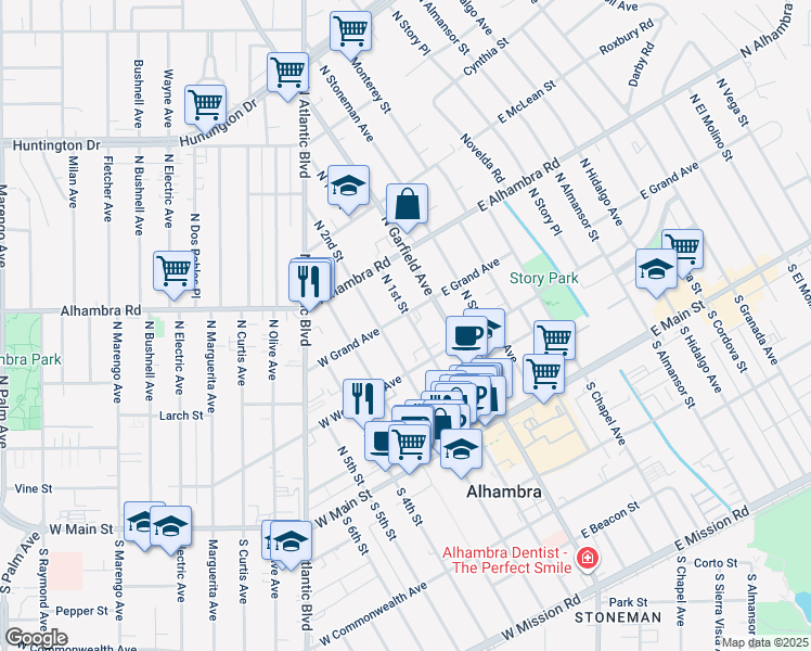 map of restaurants, bars, coffee shops, grocery stores, and more near 112 West Grand Avenue in Alhambra