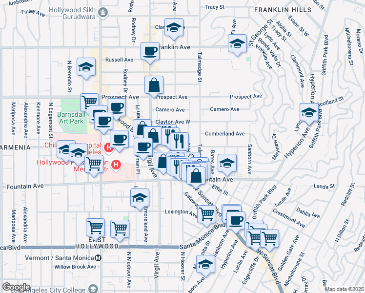 map of restaurants, bars, coffee shops, grocery stores, and more near 4322 Sunset Drive in Los Angeles