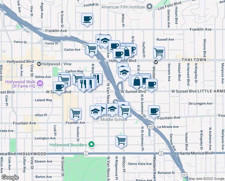map of restaurants, bars, coffee shops, grocery stores, and more near in Los Angeles