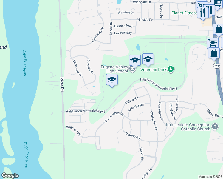 map of restaurants, bars, coffee shops, grocery stores, and more near 455 Halyburton Memorial Parkway in Wilmington