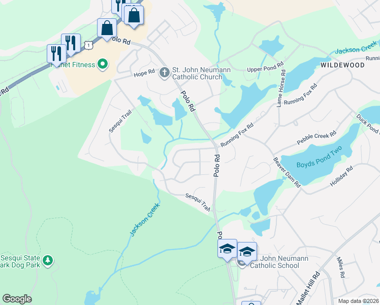 map of restaurants, bars, coffee shops, grocery stores, and more near 424 Running Fox Road West in Columbia