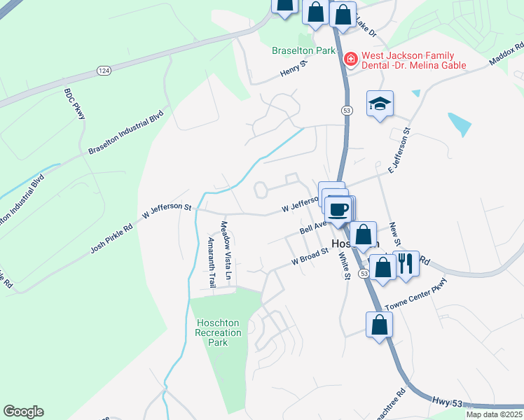 map of restaurants, bars, coffee shops, grocery stores, and more near 304 West Jefferson Street in Hoschton