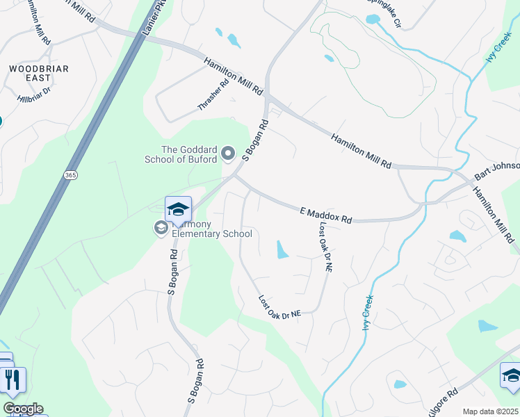 map of restaurants, bars, coffee shops, grocery stores, and more near 2499 East Maddox Road in Buford